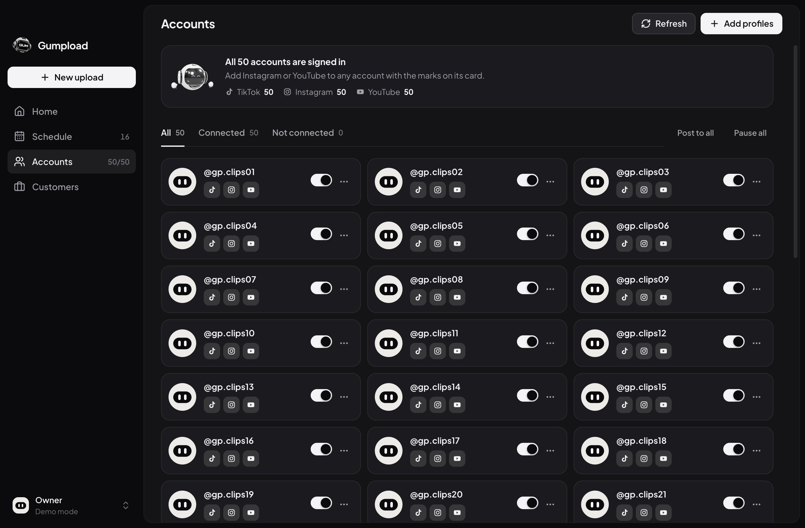 Accounts screen: 50 accounts with TikTok, Instagram and YouTube connected