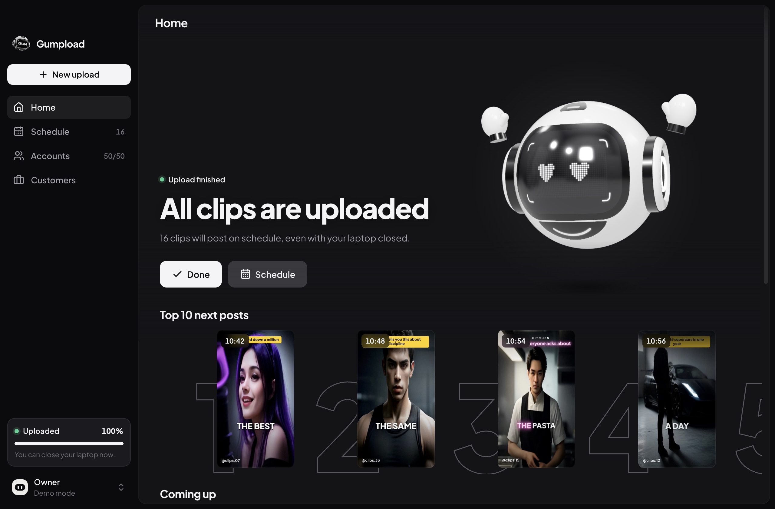 Home screen: all clips uploaded