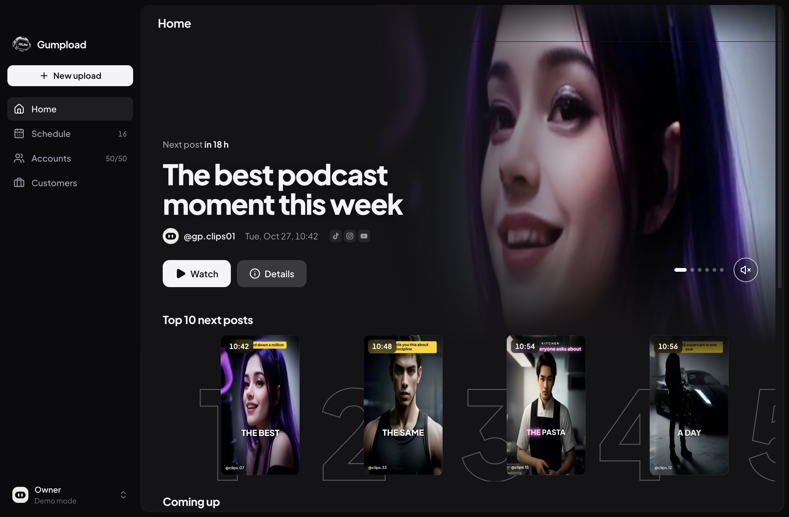 Home: the next post playing, the top ten and the week ahead